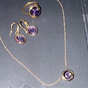 AuthenticTiffany &Co. 750 Gold Olive Leaf Necklace, Earrings, Ring with Amethyst